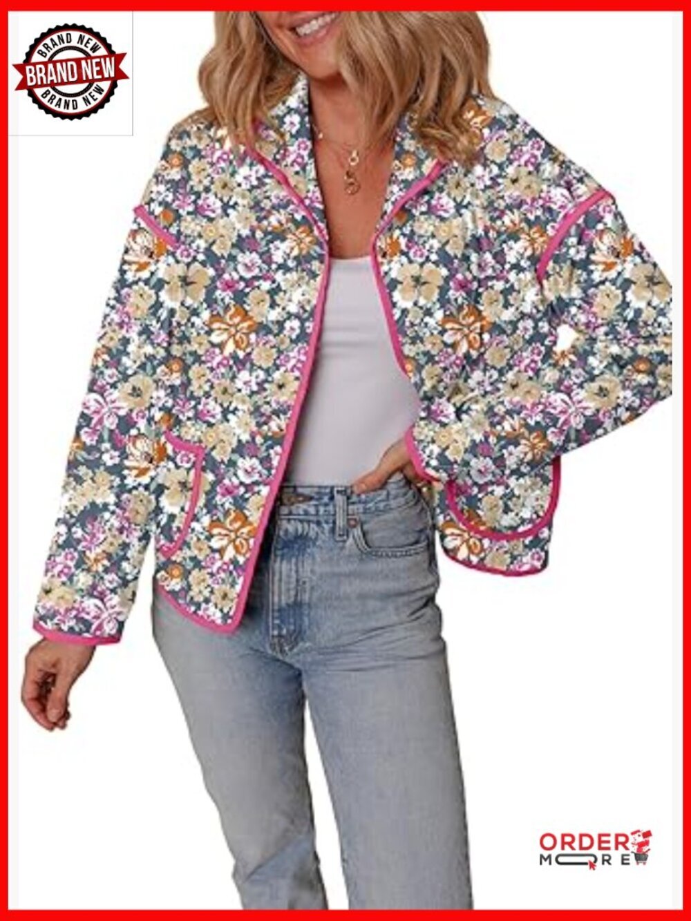 Quilted Puffer Jacket with Floral Print Button Front